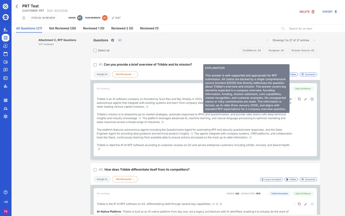 An approved answer in Respond, with its source and owner attached